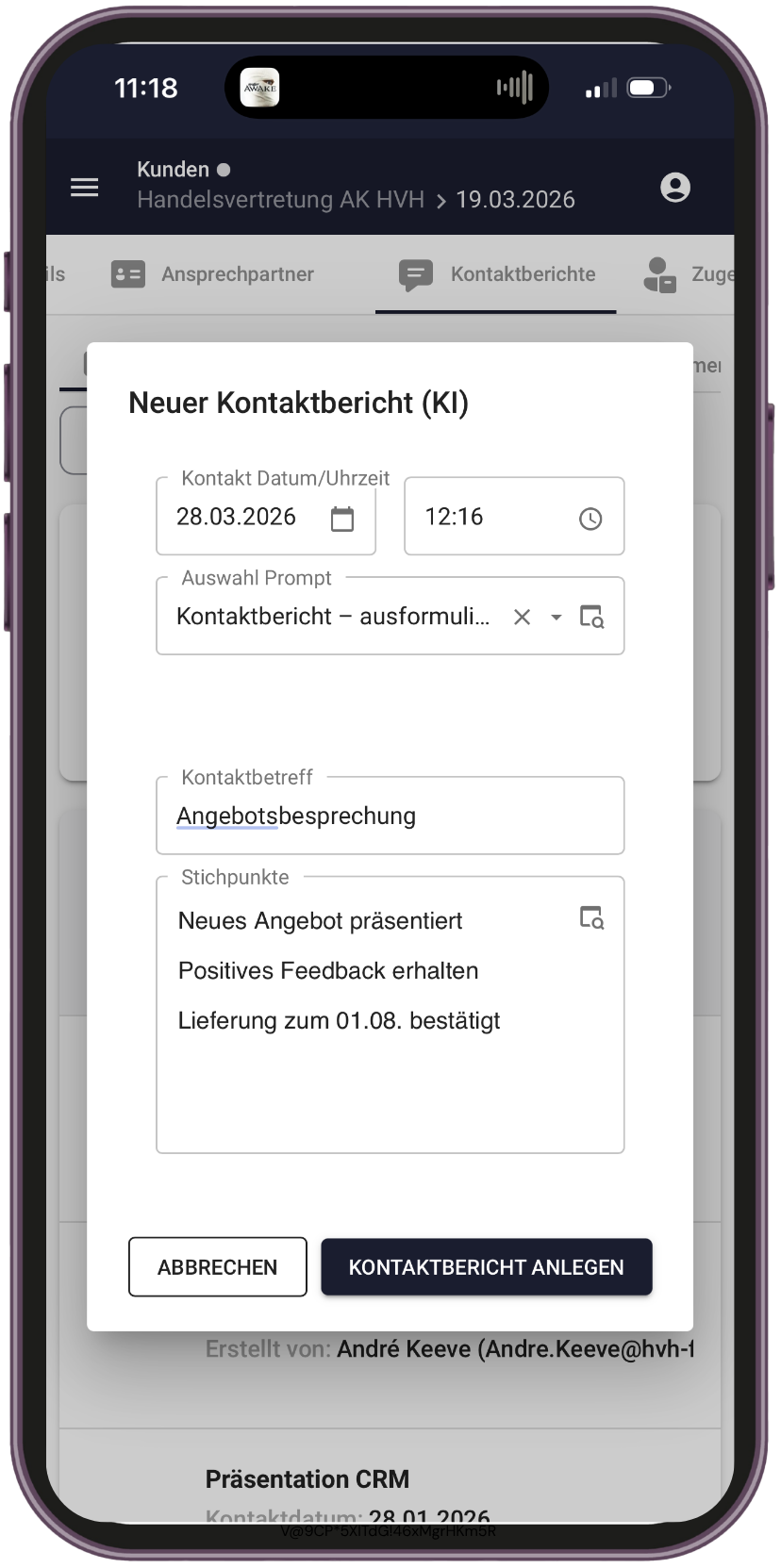 Screenshot Kontaktbericht KI HVH Flow Besuchsbericht in 30 Sekunden